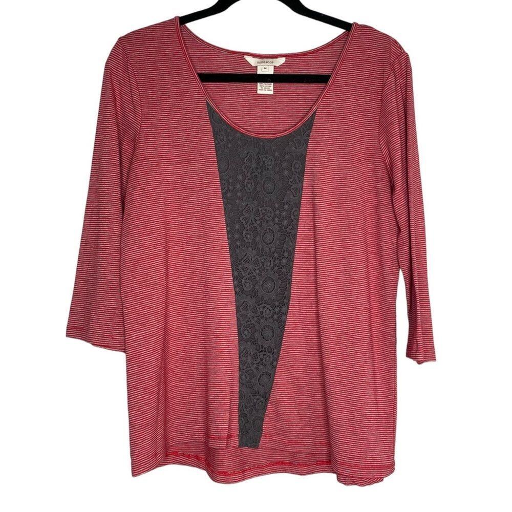 Sundance Red Striped Gray Crochet Detail 3/4 Sleeve Scoop Neck Top Medium